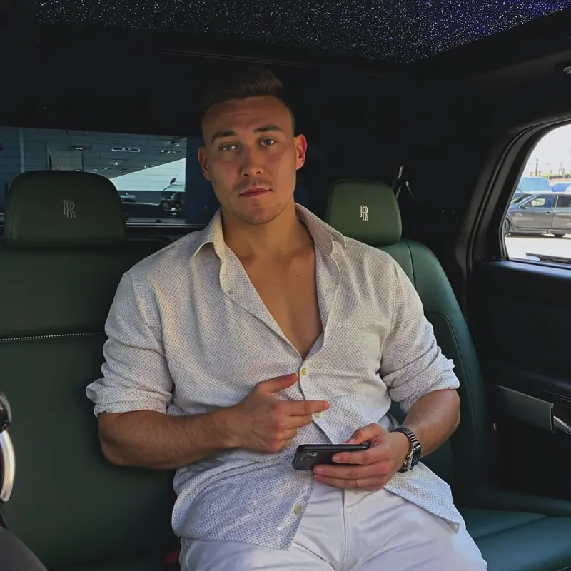 Arthur in a car interior with a starlight roof
